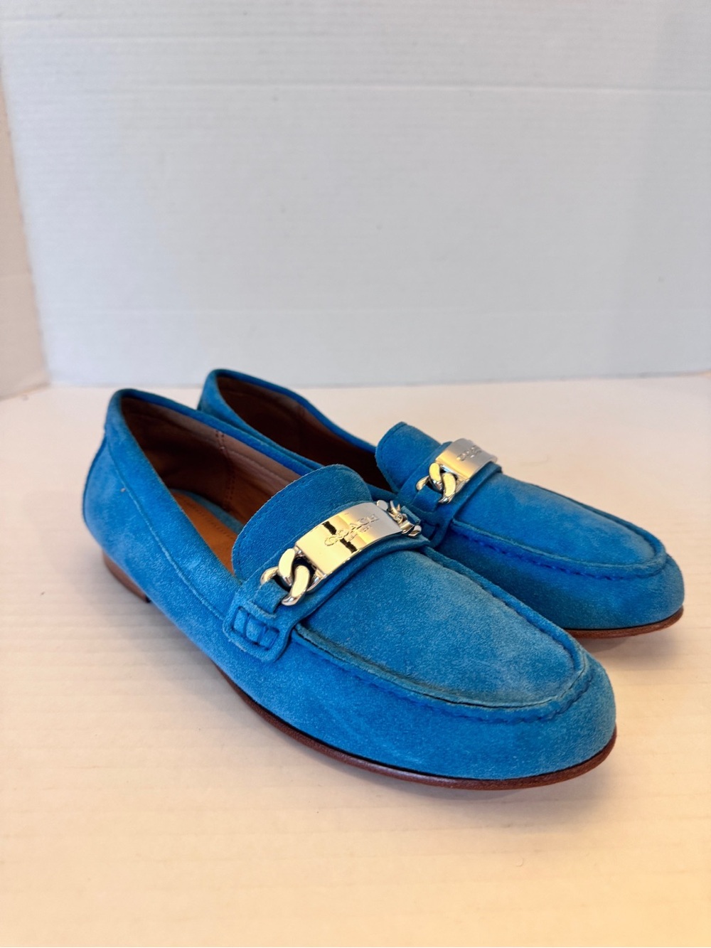 Coach Aqua Blue Suede Womens Size 6.5 Slip On Kimmie Flats Silver Bit Classic
